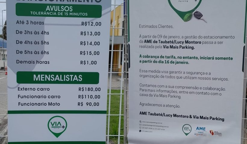 Estacionamento do AME de Taubaté será cobrado a partir de 31/01