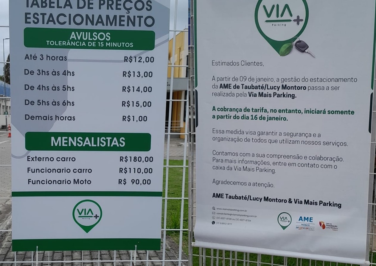 Estacionamento do AME de Taubaté será cobrado a partir de 31/01