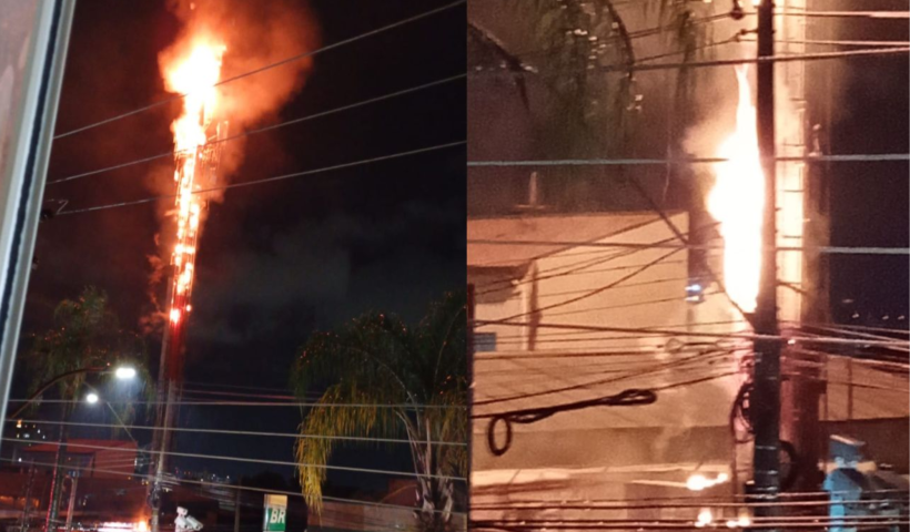 Incêndio atinge torre de telefonia celular na Av. Faria Lima, em Taubaté