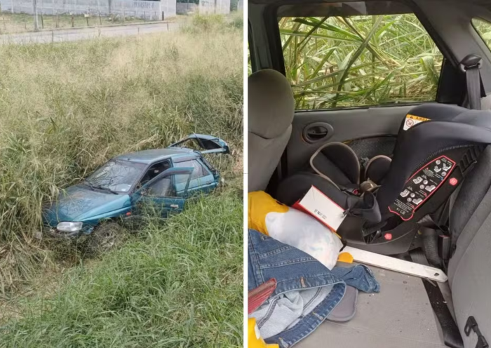 Bebê sai ileso após carro cair em barranco na Via Dutra