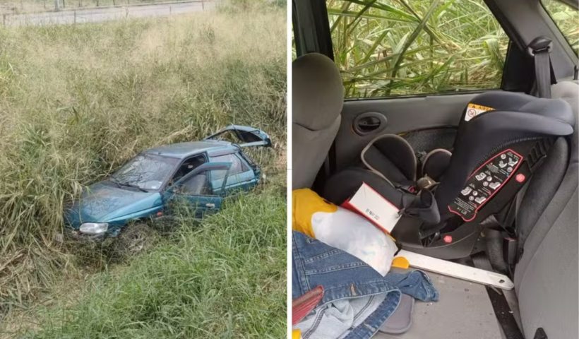 Bebê sai ileso após carro cair em barranco na Via Dutra