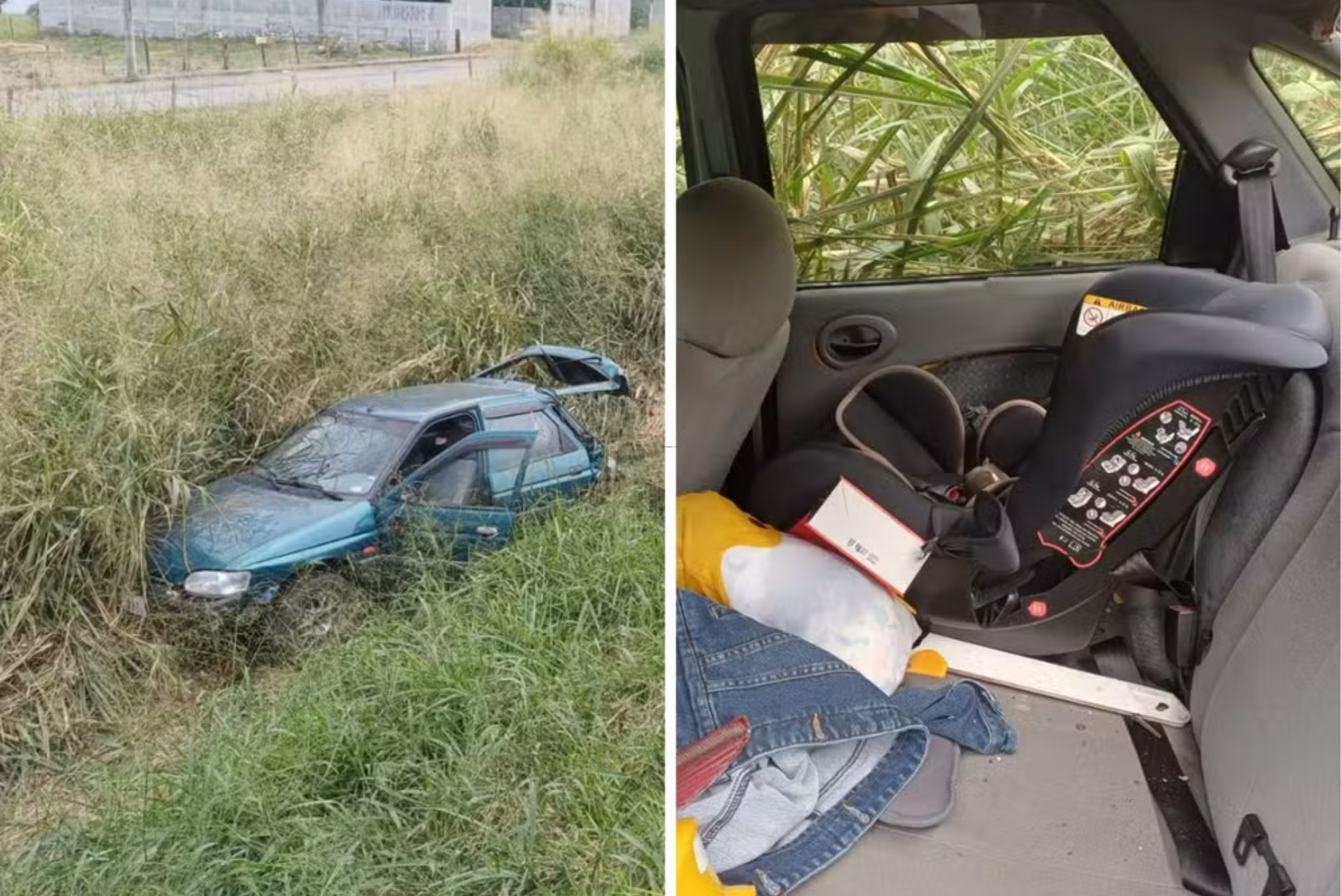 Bebê sai ileso após carro cair em barranco na Via Dutra